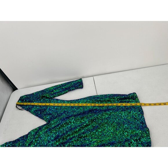 NWT AGACI S Sequin Mini Dress Green Blue Iridescent V-Neck Mermaid Bodycon - Picture 5 of 11